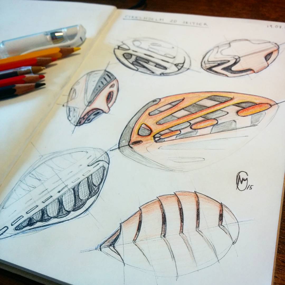 Some sci-fi bike helmet in 2d top view.
.
A goal in my new sketchbook is to be better to fill out th