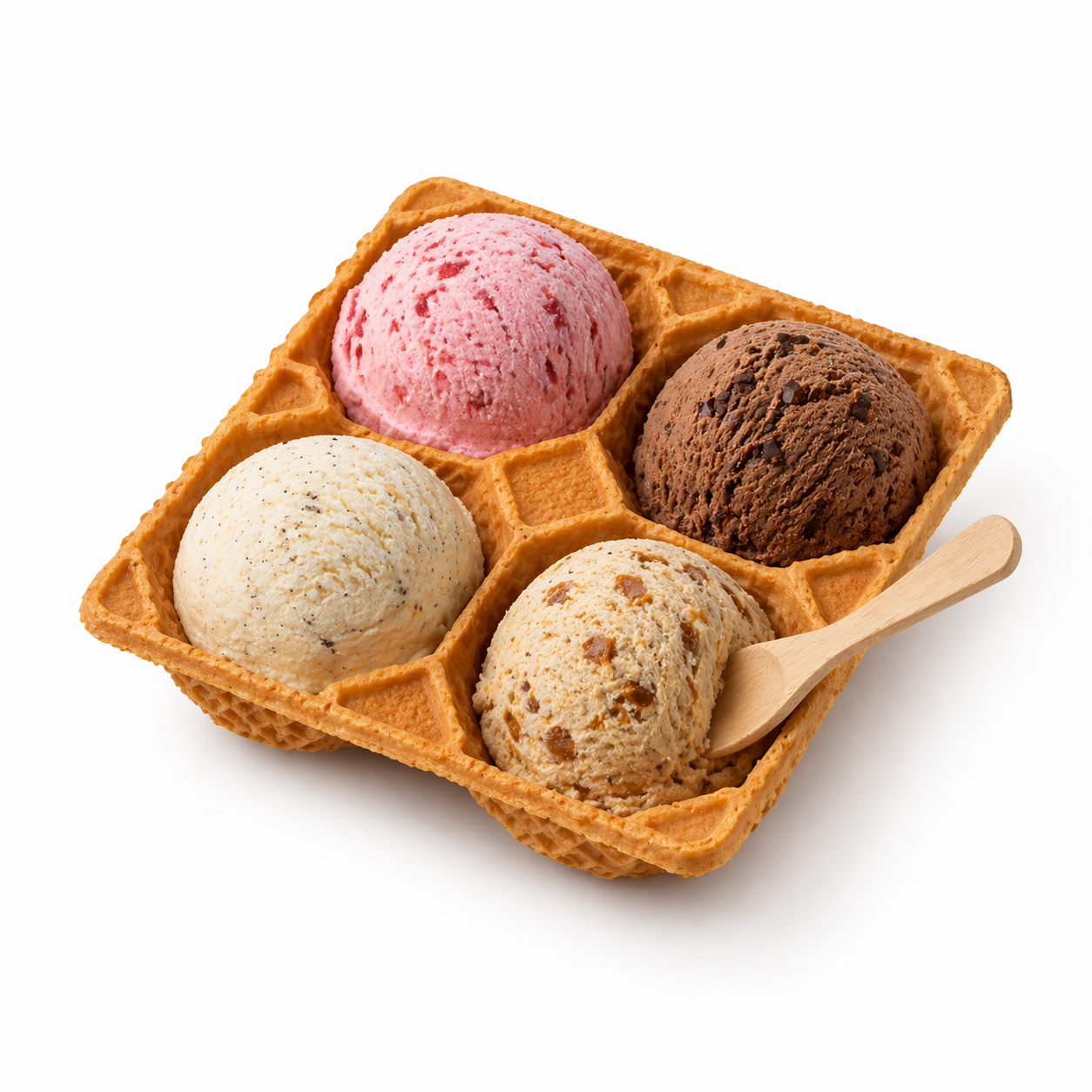 Four scoops of ice cream in a waffle tray — a photorealistic AI-generated image